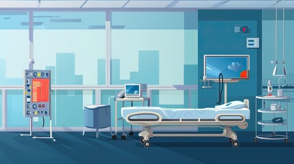 Hospital room interior with empty bed and equipment.