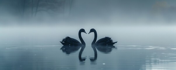 two black swans swimming on the lake in the morning fog. mysterious scary vibes.