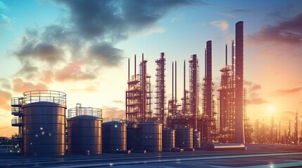 Industrial landscape with oil refinery at sunset.