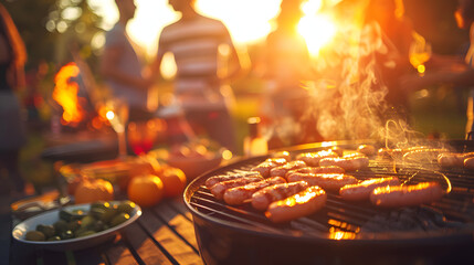 Friends gathering for a summer barbecue party at sunset