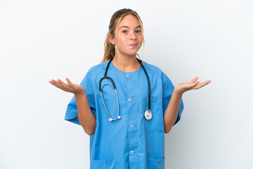 Little caucasian girl disguised as surgeon isolated on white background having doubts while raising...