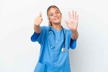 Little caucasian girl disguised as surgeon isolated on white background counting six with fingers