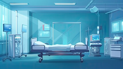 Hospital room with bed and equipment in cartoon style