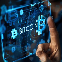 Hand displaying bitcoin icon on futuristic blue background