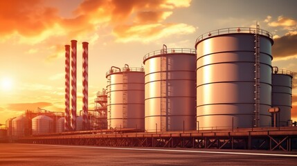 Obraz premium Oil refinery at sunset. concept of oil and gas industry