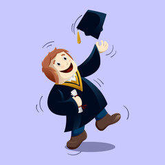 happy graduated student boy jumping with his diploma, cartoon illustration