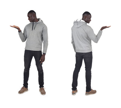 front and back view man showing an imaginary object in her hand on white background.