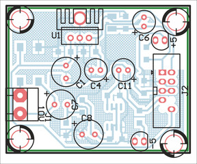 Vector printed circuit board of electronic 
device with components of radio elements, 
conductors and contact pads placed on pcb. 
Engineering technical drawing.