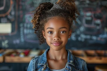 A young girl stands in front of a chalkboard, with her back to the camera, pointing at a mathematical equation