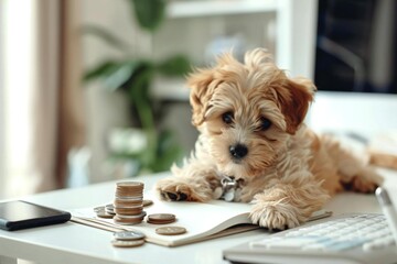 Cute puppy dog saving money with stack of invoices