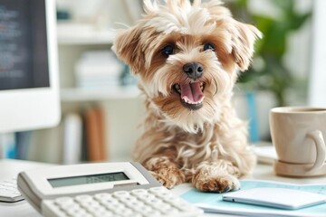 Cute puppy dog with dental health check at business office