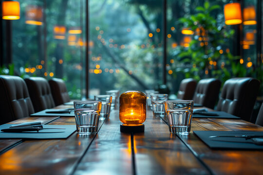Diplomatic talks mediated by a neutral third party to facilitate dialogue between warring factions .Wooden table with candle, glasses, and orange accents