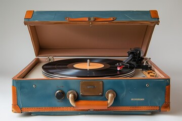 A suitcase opened to reveal a record player inside, set up for music playback