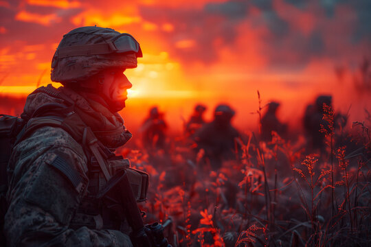 Joint military exercises between NATO allies to enhance interoperability and defense capabilities .Soldiers in a field, under a red sky at sunset, surrounded by natures beauty