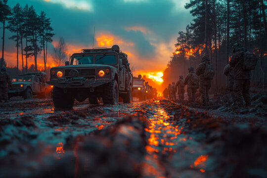 Military exercises between allied nations to strengthen defense and deter aggression .Military vehicles with tires covered in mud driving at sunset