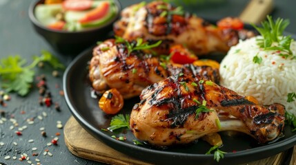 Hawaiian cuisine. Grilled chicken legs with rice. 