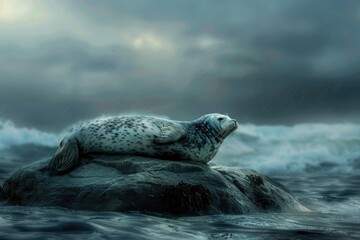 A seal laying on top of a rock in the ocean. Suitable for nature and wildlife themes - Powered by Adobe