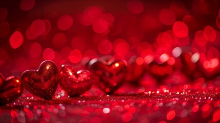 Shimmering red hearts over a glowing red glitter background.