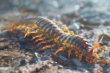 Fototapeta premium Detailed close-up of a centipede on the ground, perfect for educational materials