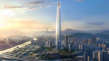 Naklejka premium Glittering Towers of Tomorrow: A Glimpse into the Future with the Majestic Architecture of a Futuristic Skyscraper - Inspiring Innovation and Progress