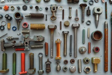 Obraz premium Various nuts and screws arranged on a table. Suitable for industrial and construction concepts