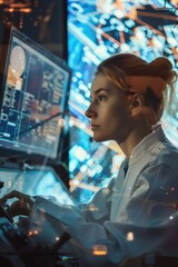 Woman sitting in front of a computer monitor. Suitable for technology-related projects
