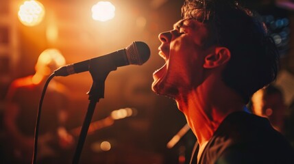 Obraz premium Rock singer passionately performs on stage, microphone close-up, vibrant lighting.