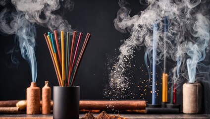 Many incense sticks are lit and embroidered in pots with a large amount of gray smoke.