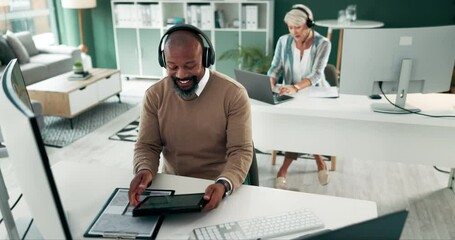 Black man, dancing and headphones with tablet at office for music, song or energy at agency. Happy African, male person or agent enjoying playlist, podcast or audio track at workplace with technology