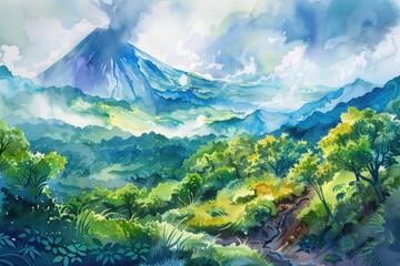 Fototapeta premium Beautiful watercolor painting of a serene mountain landscape. Perfect for nature-themed projects