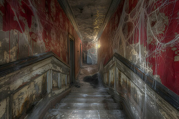 Fototapeta na wymiar A spooky hallway in an abandoned house, with eerie shadows and cobwebs