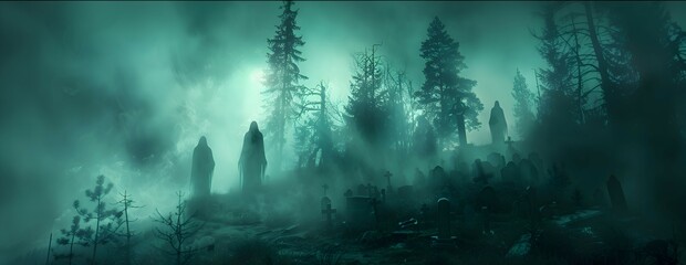 A spooky night scene with ghostly figures floating above a graveyard, creating a haunting atmosphere