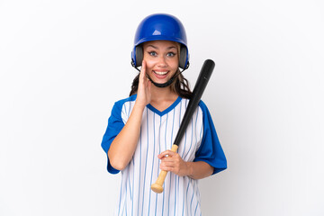 Baseball Russian girl player with helmet and bat isolated on white background with surprise and shocked facial expression
