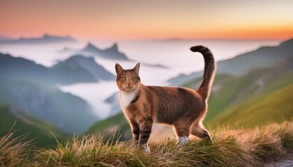 precioso gato domestico paseando por la montaña, retrato minimalista de gato en libertad mirando...