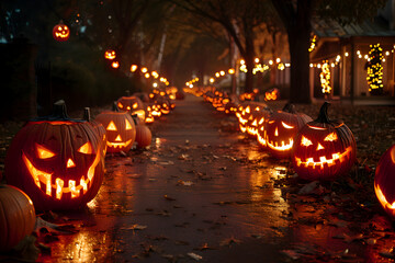 A spooky night scene with illuminated jack-o-lanterns lining a pathway