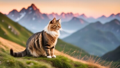 precioso gato domestico paseando por la montaña, retrato minimalista de gato en libertad mirando...