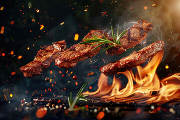 slices of freshly grilled steak flying on a dark background with rosemary ans seasonings under it are flames