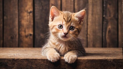 Cute red kitten on a grey background. That funny photo of a kitten.