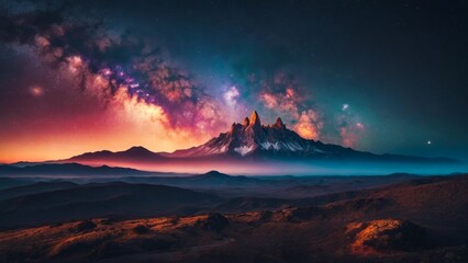 Milky Way and pink light at mountains. Night colorful landscape. Starry sky with hills at summer. Beautiful Universe. Space background with galaxy. 