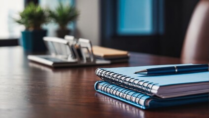 Blank notebooks with pens are on top of wood office desk table with a laptop computer and supplies. 