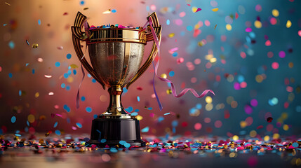 Celebration trophy with confetti.

Golden trophy amidst colorful confetti, symbolizing victory and celebration, perfect for award ceremonies, success themes, and achievement recognition.