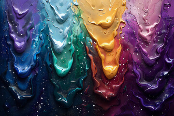 Colorful abstract dripping paint texture.

Vibrant and dynamic abstract image featuring multicolored dripping paint with a glossy finish, ideal for backgrounds, creative projects, and artistic designs