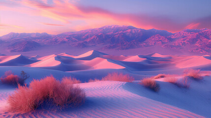 An expansive desert landscape with dunes under a twilight sky that shifts from warm peach to cool periwinkle and soft violet, highlighting the natural beauty of the arid terrain.
