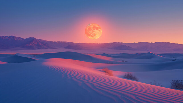 An expansive desert landscape with dunes under a twilight sky that shifts from warm peach to cool periwinkle and soft violet, highlighting the natural beauty of the arid terrain.
