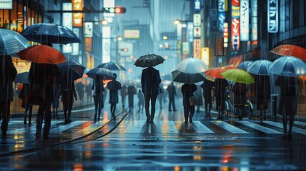 Group of people walking down a street with umbrellas. Suitable for weather or urban lifestyle concepts