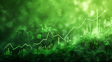 Stock market financial chart with uptrend line graph in on green background