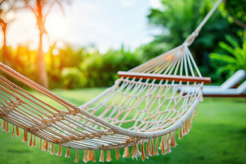 Obraz premium Hammock on green grass lawn in garden blurred background