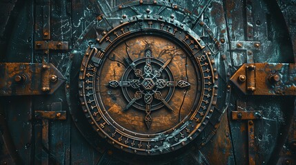 Obraz premium Intricate ancient metal door with ornate circular design and weathered textures, showcasing historical craftsmanship and mysterious ambiance.