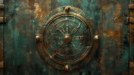 Obraz premium Rustic antique vault door featuring intricate design details and aged metal textures, perfect for themes of security and history.