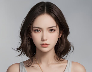 Naklejka premium Elegant Portrait of a Young Woman with Short Hair, Intense Gaze